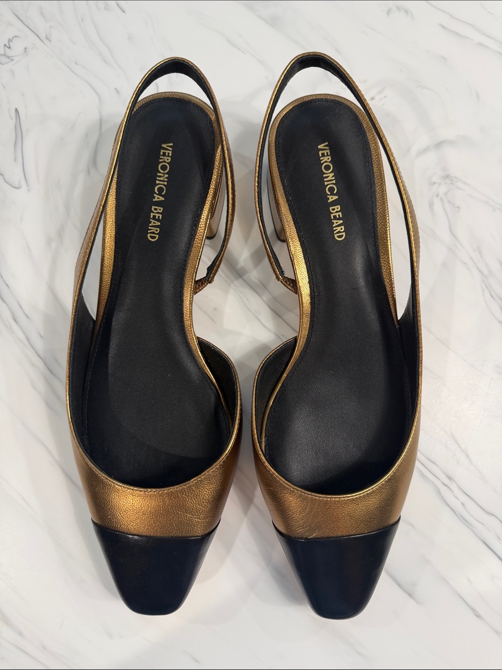 Veronica Beard Metallic Gold and Black Slingback Pointed Mules